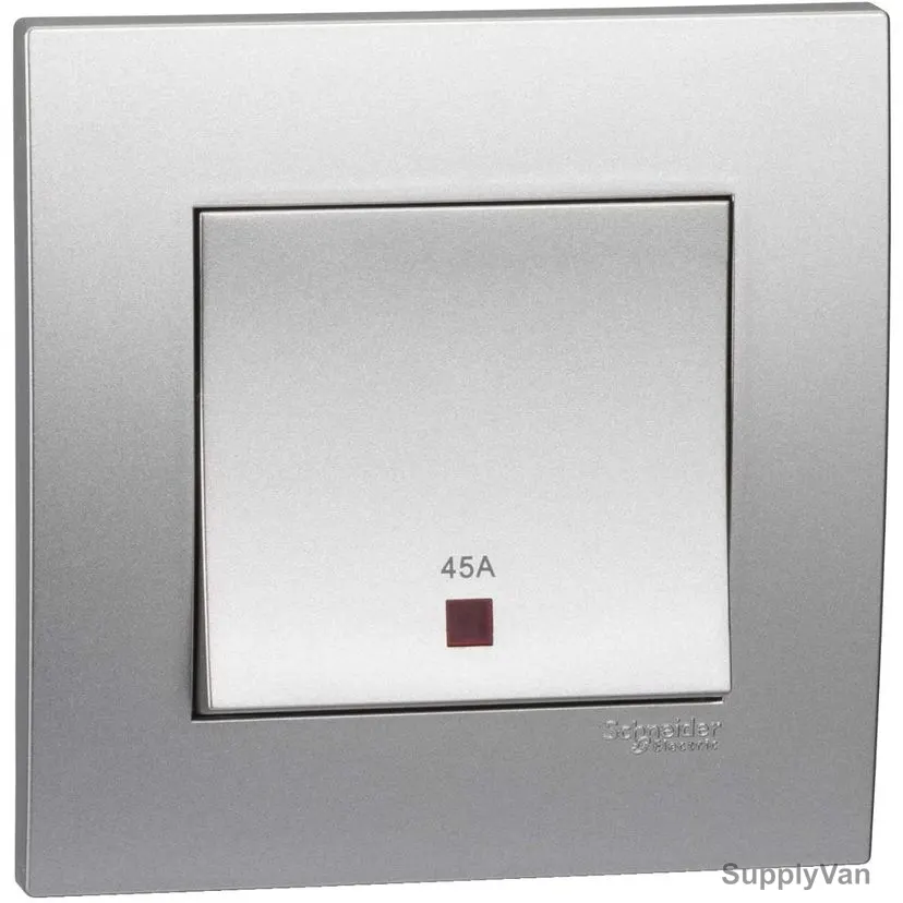 Schneider Electric Double Pole Switch With Neon, KB31DR45N-AS, Vivace, 2 Gang, 45A, 250VAC, Aluminium Silver