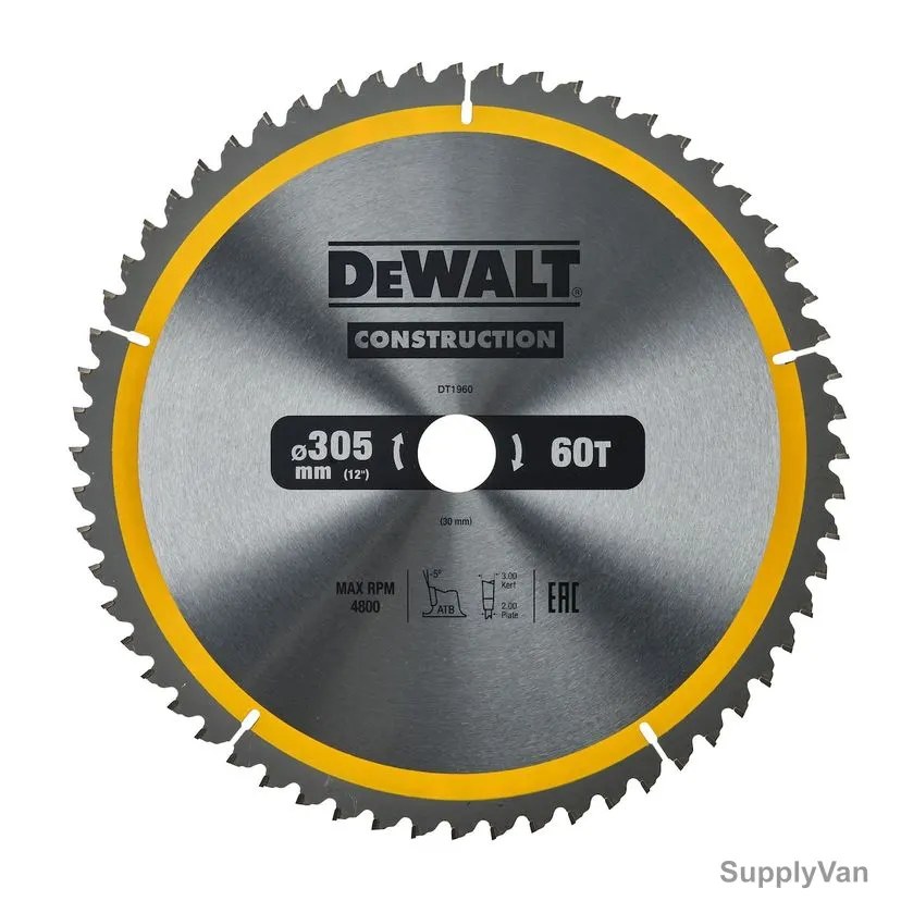 Dewalt Stationary Construction Circular Saw Blade, DT1960-QZ, 30MM Bore Size x 305MM Blade Dia, 60 Teeth — image 1