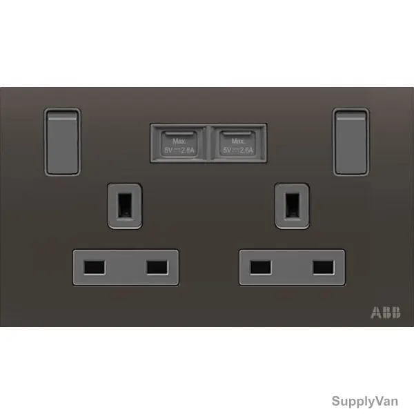 ABB Single Pole Switched Socket With USB Charger, AM235147-SB, Millenium, 2 Gang, 13A, Silk Black
