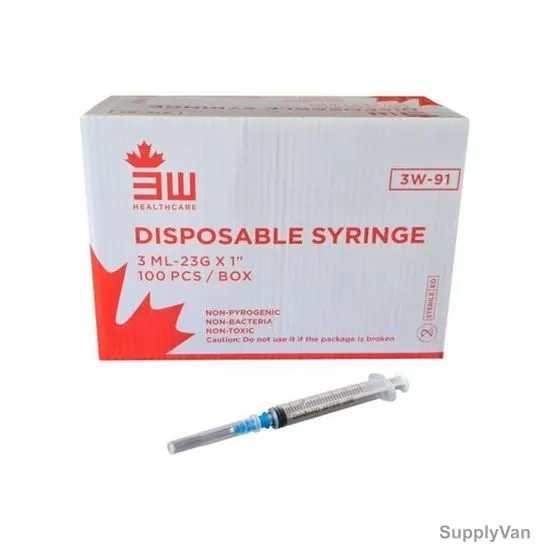 3W Disposable Syringe, NO-91, 23 Gauge, 1 Inch Needle Size, 3ML Capacity, 100 Pcs/Box — image 1