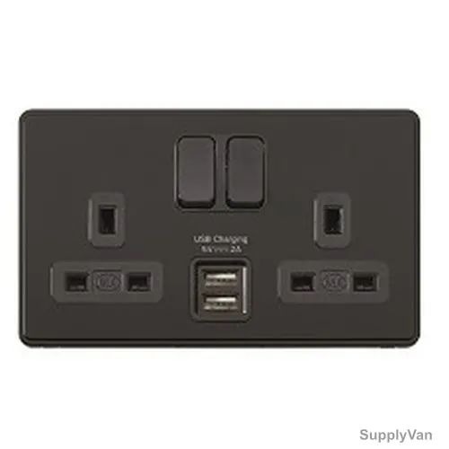 Mk Switch Socket W/ USB Port, MHFP040MBK+MH24344BLKC, 5V, 13A, 2 Gangs, Matt Black
