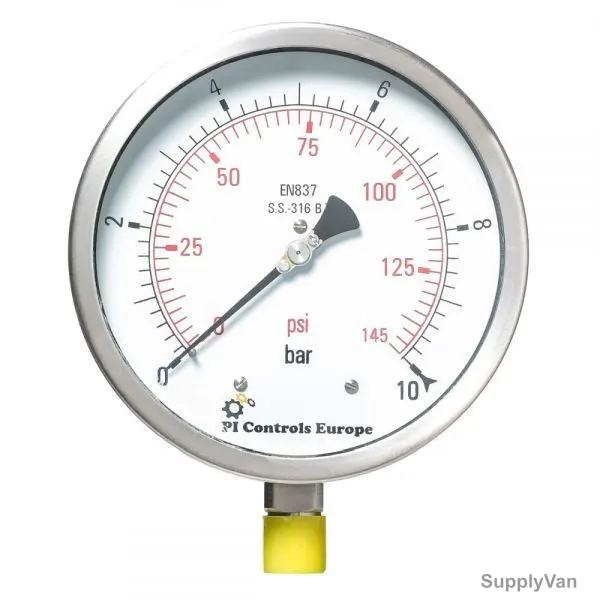PI Controls Pressure Gauge, PG-150-R10-WF-SS, 150MM, 0-10 Bar
