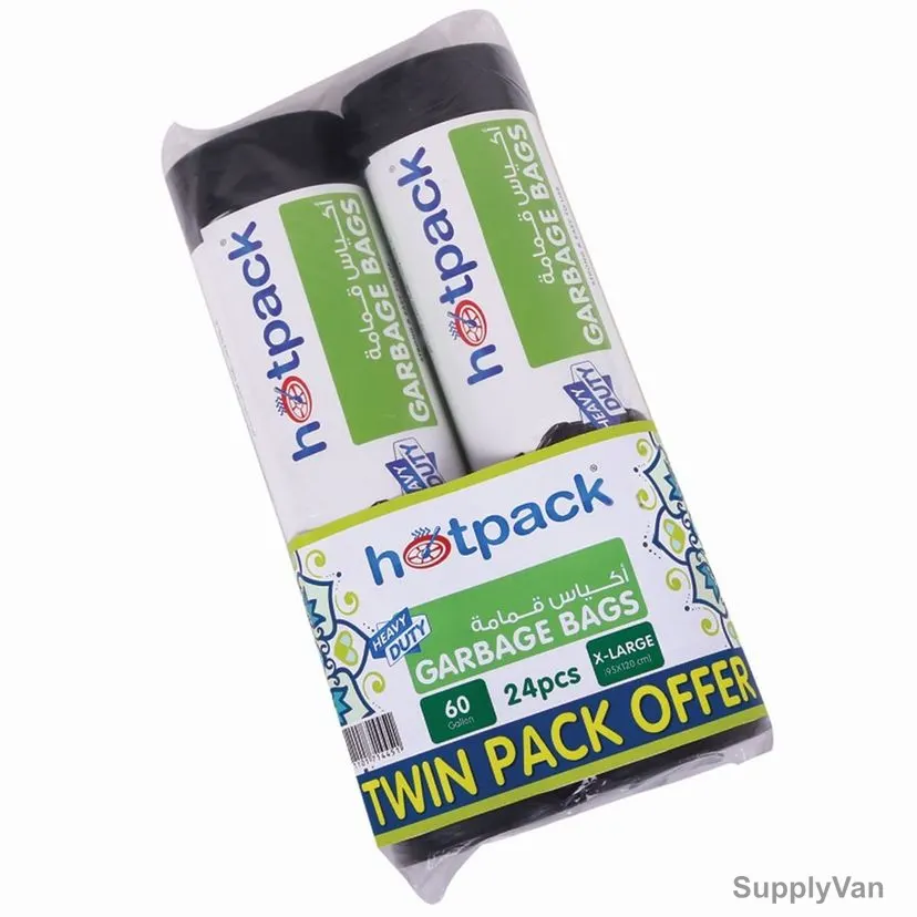 Hotpack Heavy Duty Twin Garbage Bag Pack, OPGBR95120, XL, 60 Gallons, Black, 24PCS