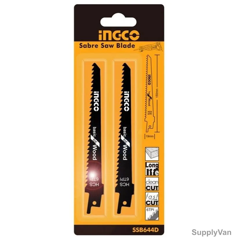 Ingco Reciprocating Saw Blade For Wood, SSB644D, HCS, 6 TPI, 150MM Length, 2 Pcs/Pack