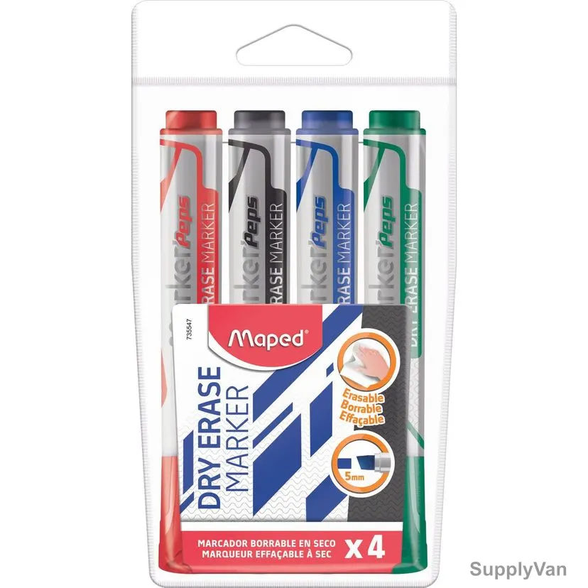 Maped White Board Marker, MD-735547, Chisel Tip, Assorted Colors, 4 Pcs/Set