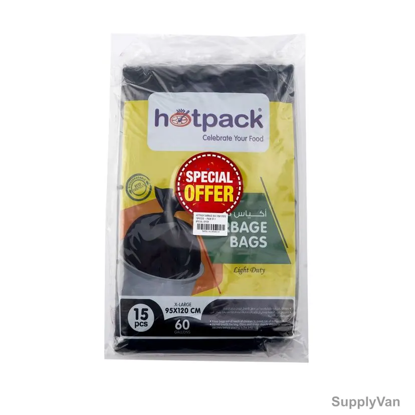 Hotpack Light Duty Garbage Bag, PPG95120X3, 60 Gallon, 95CM Width x 120CM Length, Black, 45 Pcs/Pack
