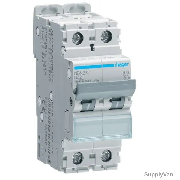 Hager Miniature Circuit Breaker, NBN232N, B Curve, 2P, 32A, 400V
