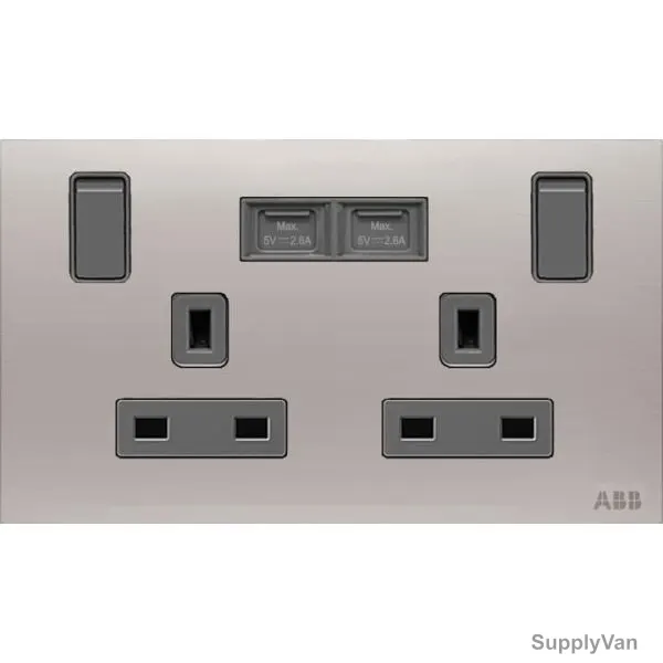 ABB Single Pole Switched Socket With USB Charger, AM235147-ST, Millenium, 2 Gang, 13A, Stainless Steel