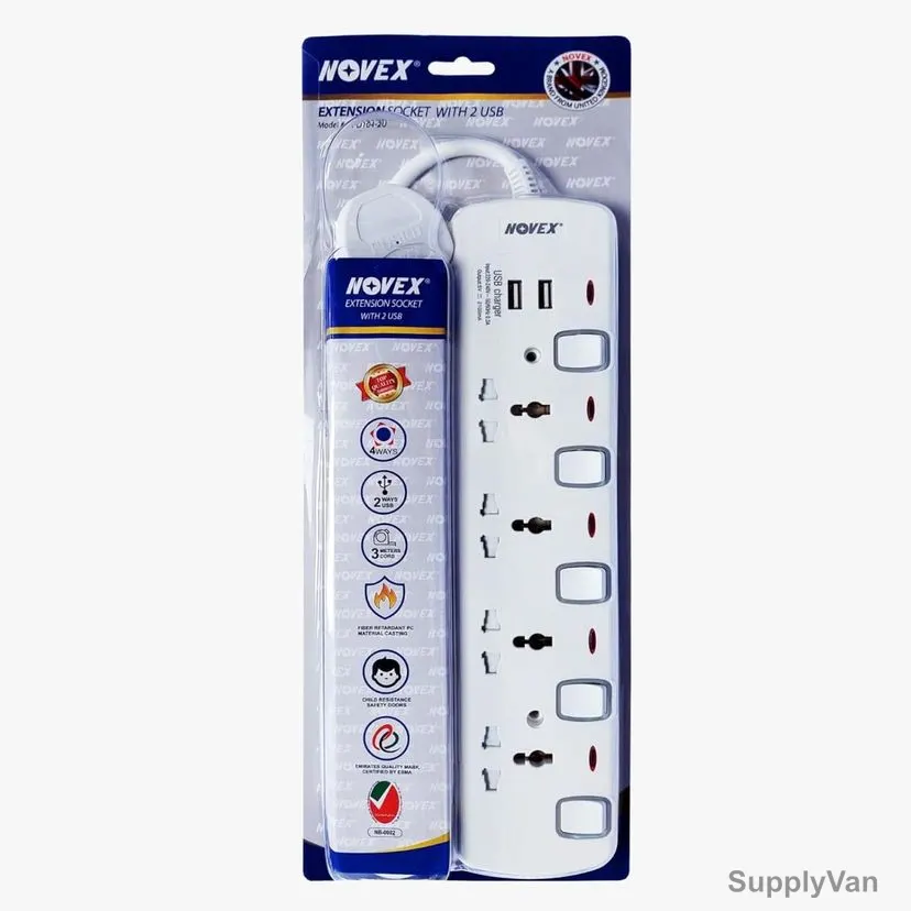 Novex Extension Socket, N-D104-2U-3M, Polycarbonate, 3250W, 4 Outlets, 13A, 3 Mtrs Cable Length, White — image 1
