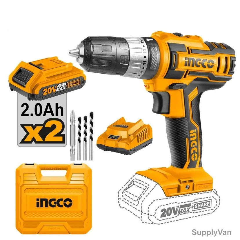 Ingco Lithium-Ion Cordless Impact Drill, CDLI200215, 2x 2.0Ah Battery, 1x Charger, 0-400/0-1500 RPM — image 1