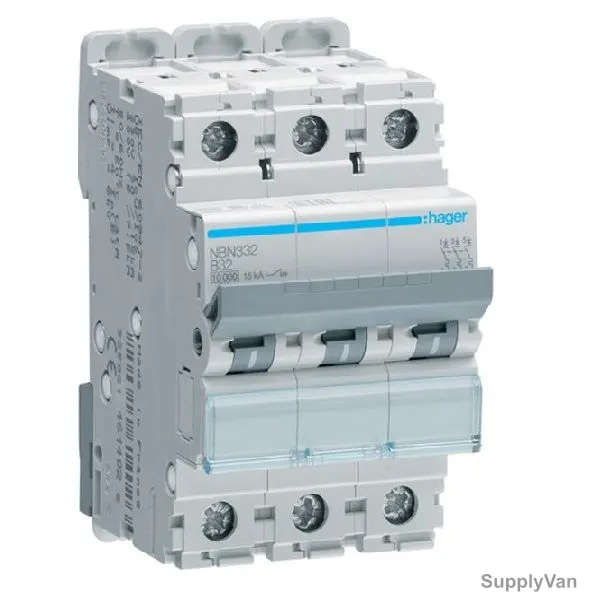 Hager Miniature Circuit Breaker, NBN332N, B Curve, 3P, 32A, 400V