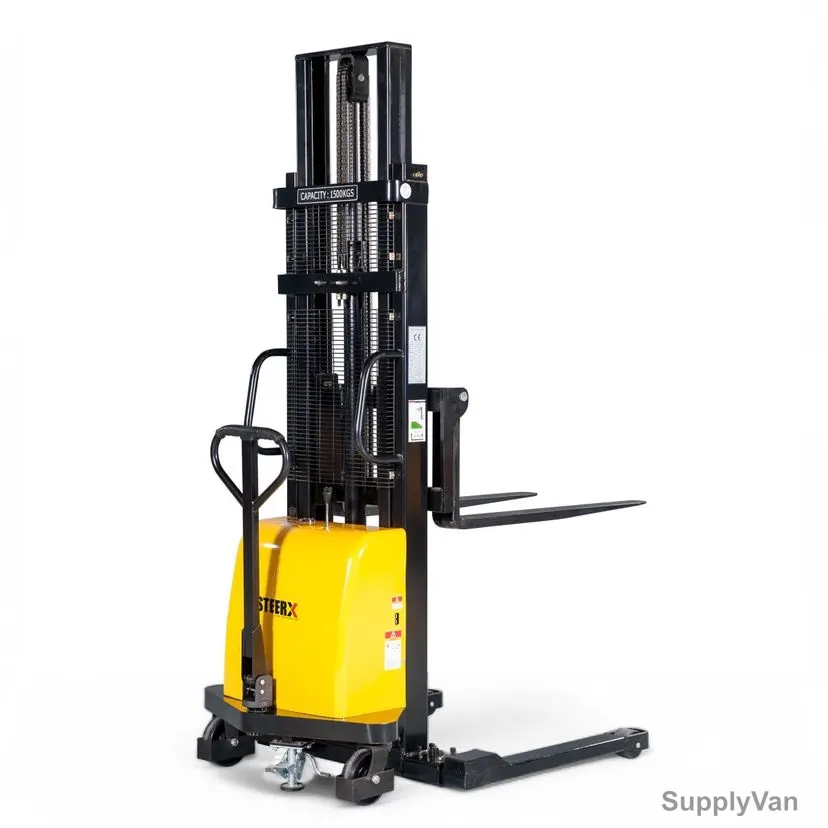 Steerx Semi Electric Straddle Leg Pallet Stacker, SSEPS15-2500A, Steel, 2500MM Lifting Height, 1500 Kg Weight Capacity — image 1