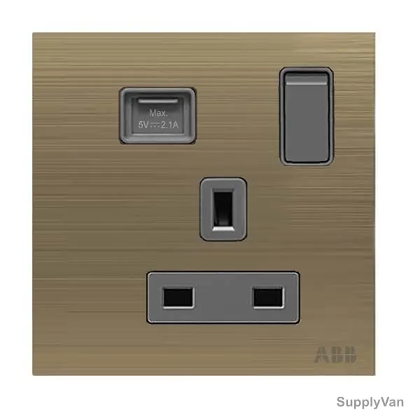 ABB Single Pole Switched Socket With USB Charger, AM23586-AG, Millenium, 1 Gang, 13A, Antique Gold