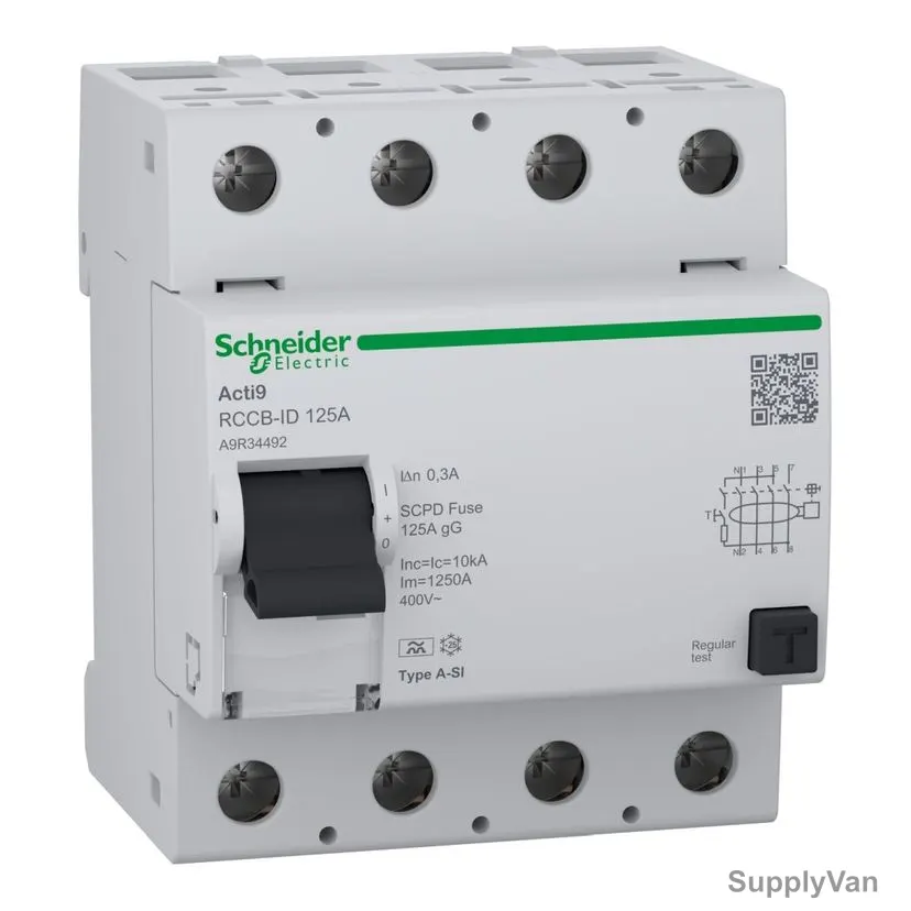 Schneider Electric Residual Current Circuit Breaker, A9R34492, Acti9 RCCB-ID, 4 Pole, 125A, 300mA