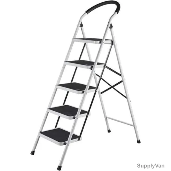Sky-Touch Foldable Ladder, Stainless Steel, 5 Steps, 155CM Height, White/Black — image 1