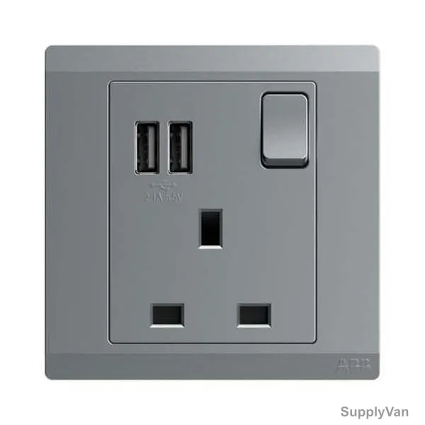 Abb Double Pole Switch Socket With USB, BL261-G, Inora, 1 Gang, 13A, Classic Grey — image 1