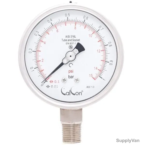 Calcon Pressure Gauge, CC20A, 100MM, 1/2 Inch, NPT, 0-1 Bar