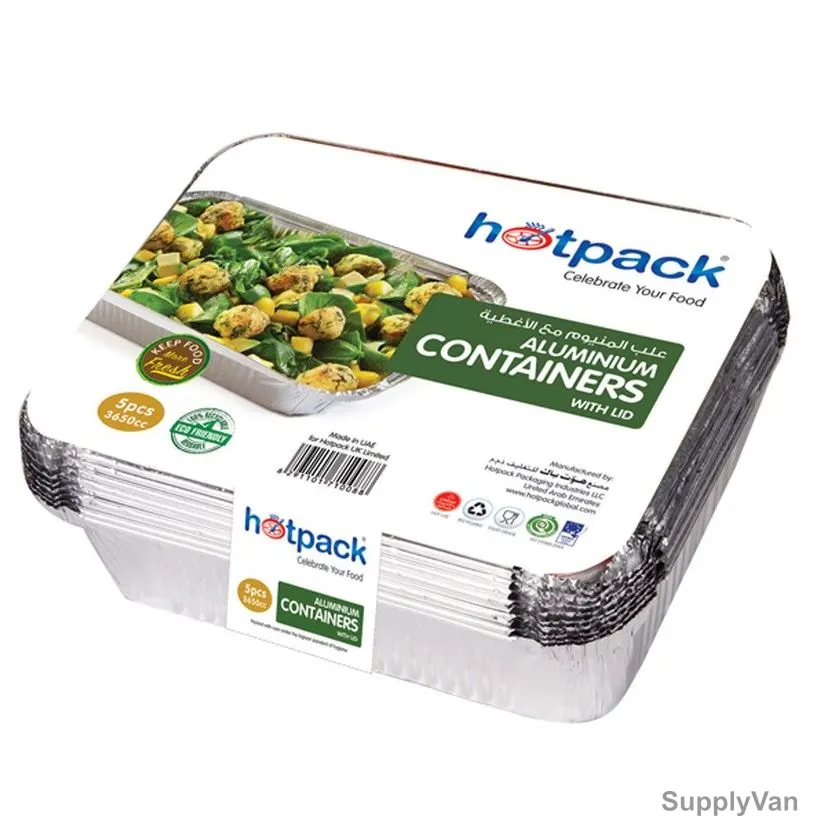 Hotpack Disposable Aluminium Container With Lid, HSM73365, Rectangular, 3650CC, Silver, 5 Pcs/Pack