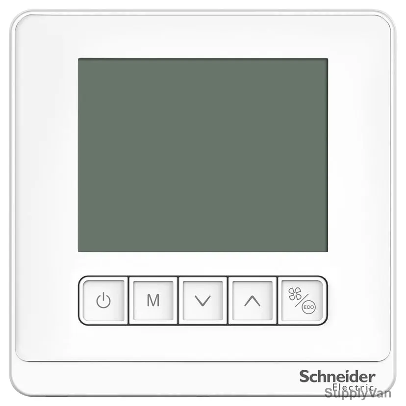 Schneider Electric Fan Coil Thermostat, TC903-3A2L, Spacelogic TC900 Series, 2P, Backlit LCD, 240VAC, 5 to 35 Deg.C, White — image 1