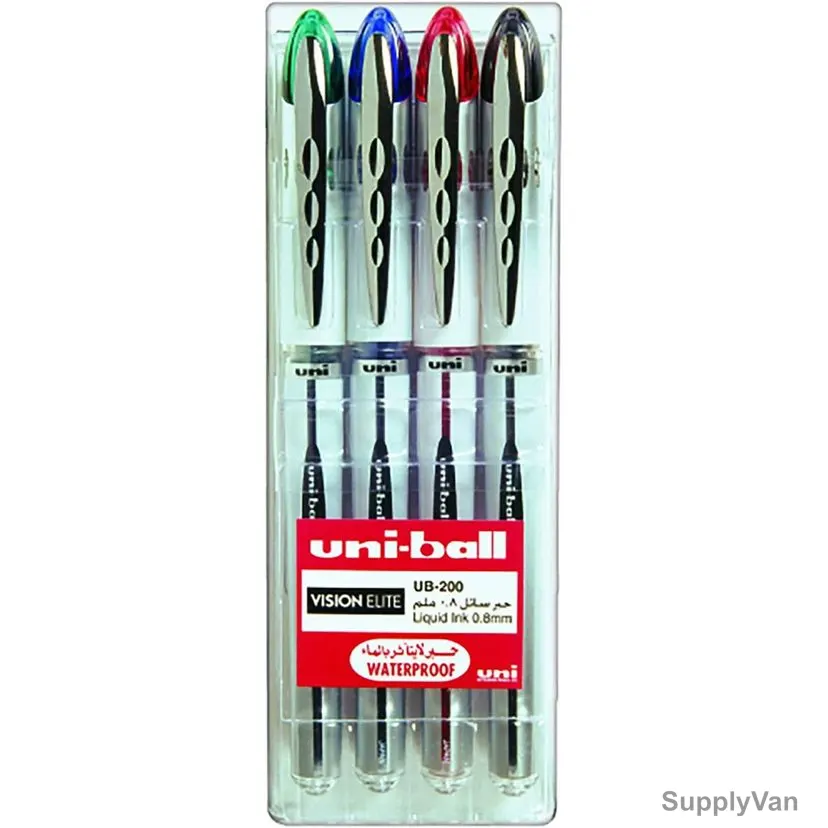 Uni-Ball Ball Point Pen, UB200-04C, Vision Elite, 0.8MM Tip, Assorted Colors, 4 Pcs/Set
