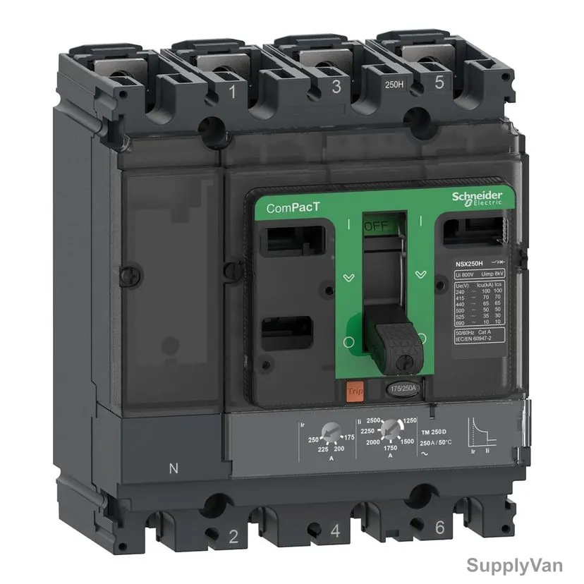 Schneider Electric Circuit Breaker, C10B6TM080C, NSX100B, 4 Pole, 415VAC, 80A, 50 Deg.C