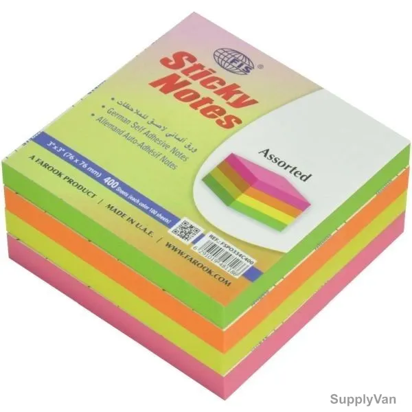 FIS Sticky Notes Set, FSPO334C400, 400 Sheets, 3 x 3 Inch, Assorted