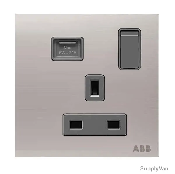 ABB Single Pole Switched Socket With USB Charger, AM23586-ST, Millenium, 1 Gang, 13A, Stainless Steel