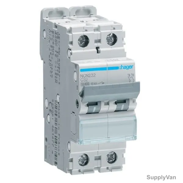 Hager Miniature Circuit Breaker, NCN232N, C Curve, 2P, 32A, 440V
