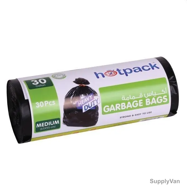 Hotpack Heavy Duty Garbage Bag Roll, HSMGBR6595, 30 Gallon, 65CM Width x 95CM Length, Black, 30 Bags/Roll
