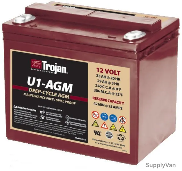 Trojan Sealed AGM Battery, U1-AGM, 12V, 33Ah/20Hr