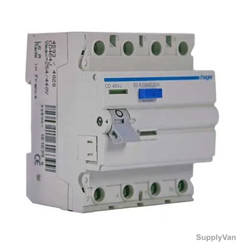 Hager Residual Current Circuit Breaker, CD464J, 4P, 30mA, 63A