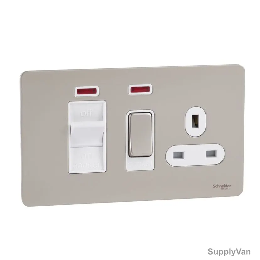 Schneider Electric Screwless Flat Plate Switched Socket With Cooker Control Unit, Ultimate, 2 Gang, 45A, Pearl Nickel