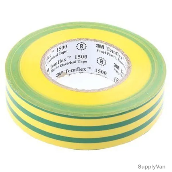 3M Vinyl Electrical Tape, Temflex 1500GY, 19MM Width x 10 Mtrs Length, Green/Yellow
