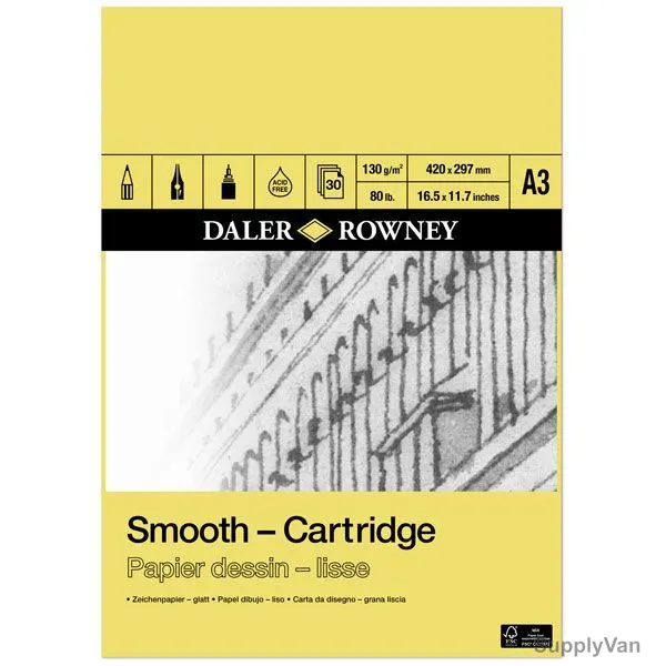 Daler Rowney Smooth Cartridge Paper Pad, 403010300, A3, 130 GSM, 30 Sheets, 297 x 420MM, White