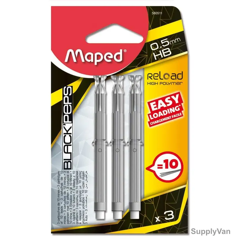 Maped Reload Clutch Pencil Lead, MD-560511, Black'Peps, 0.5MM Tip Size, Black, 3 Pcs/Pack
