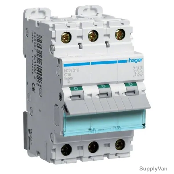 Hager Miniature Circuit Breaker, NCN316N, C Curve, 3P, 16A, 440V