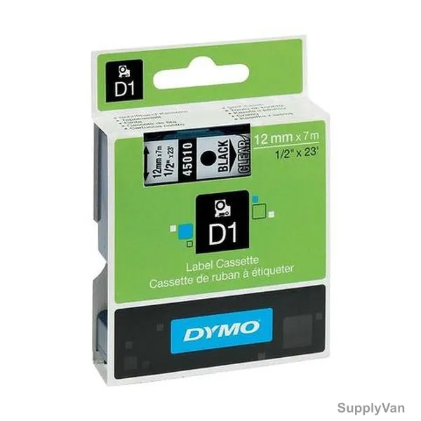 Dymo Labelling Tape Cassette, 45010, D1, 12MM x 7 Mtrs, Black on Clear