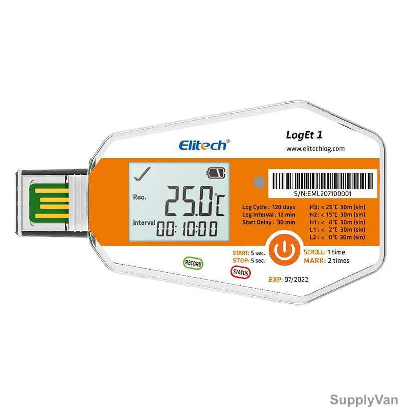 Elitech Disposable Single Use Temperature Data Logger, LogEt-1, LCD, 16000 Points, -30 to 70 Deg.C