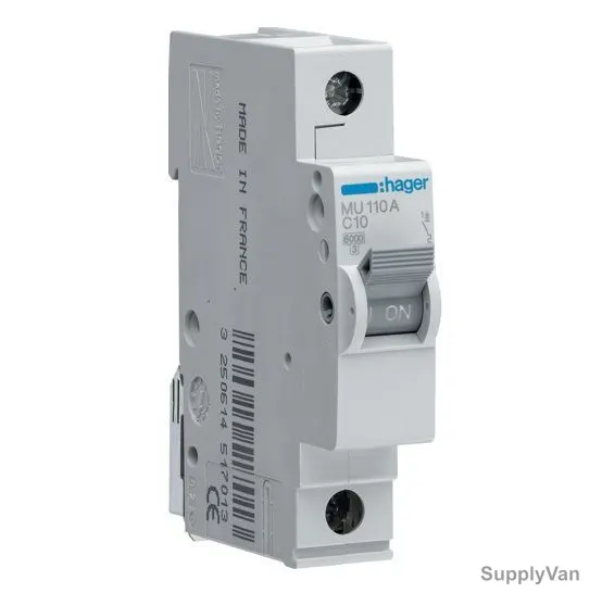 Hager Miniature Circuit Breaker, MU110A, 1P, Curve C, 10A