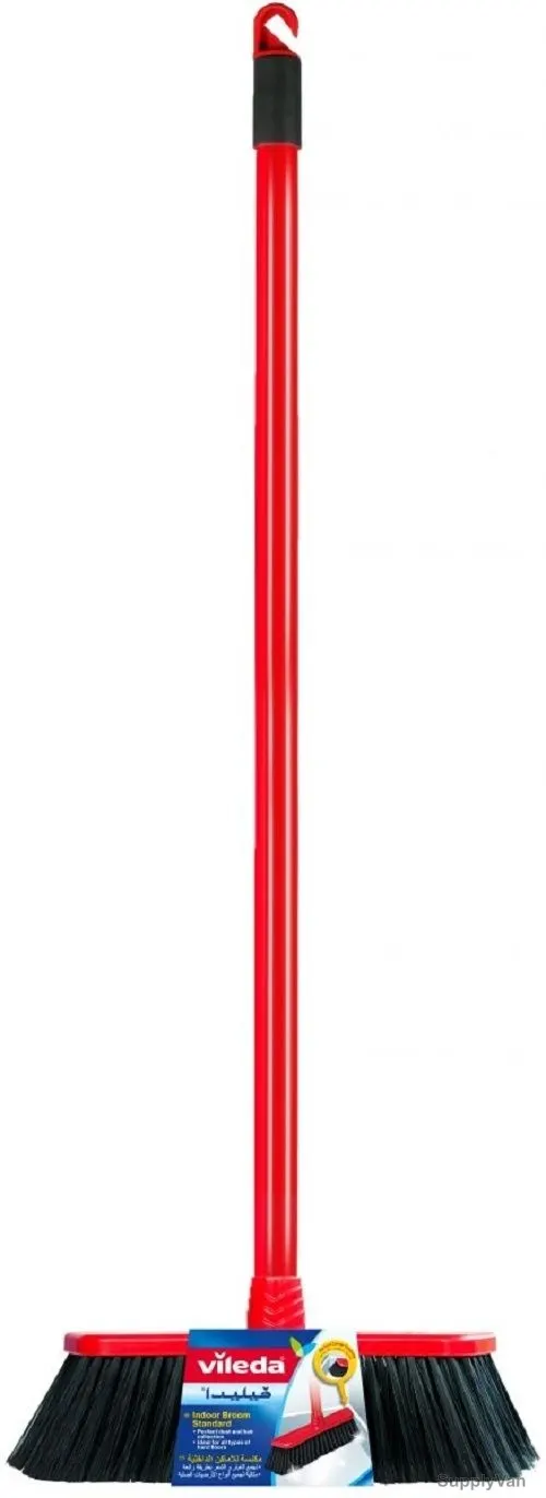 Vileda Standard Indoor Floor Broom With Stick, VLFC119634A, Trapezoid Shape, Fiber, Red and Black