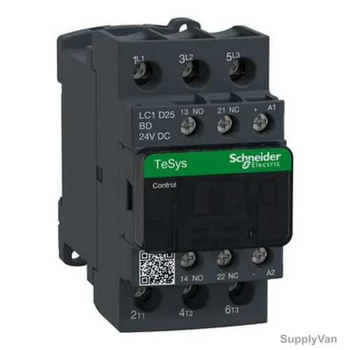 Schneider Electric Contactor, LC1D25BD, TeSys D, IP20, 3 Pole, 440V, 24VDC, 25A, 1NO+1NC