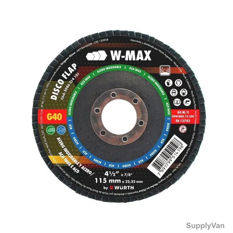 W-Max Lamella Flap Cutting Disc For Stainless Steel, 5986214103, G80, 22.23MM Bore Dia x 115MM Disc Dia