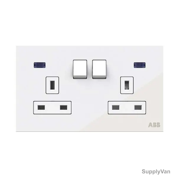 ABB Double Pole Switched Socket With LED, AM240147-WG, Millenium, 2 Gang, 13A, White Glass — image 1