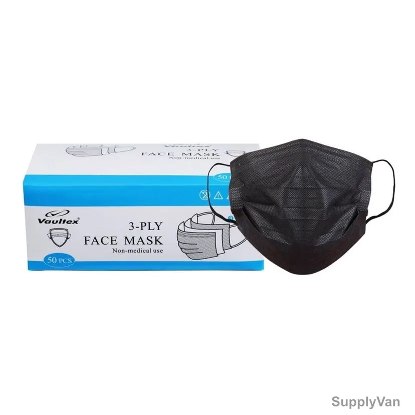 Vaultex Disposable Mask, BCM, 3 Ply, Black, 50 Pcs/Pack