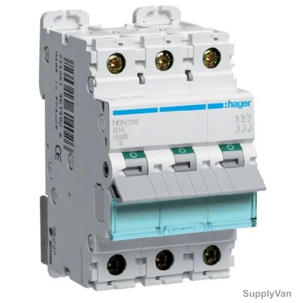 Hager Miniature Circuit Breaker, NBN316N, B Curve, 3P, 16A, 400V