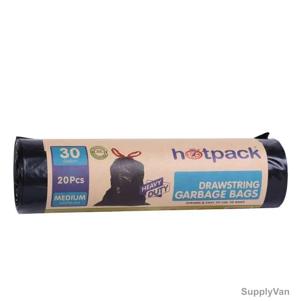 Hotpack Heavy Duty Tie Garbage Bag Rolls, HSMTBBR6090, 30 Gallons, Black, 240 Pcs/Carton — image 1