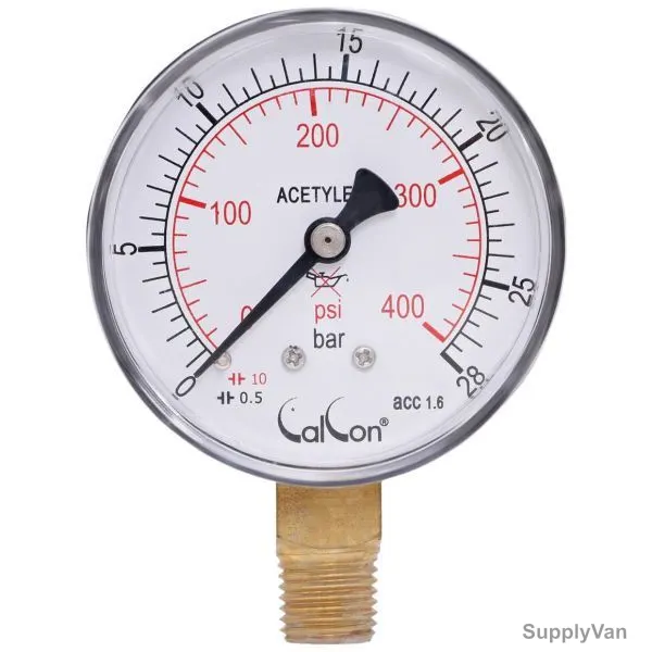 Calcon Actylene Pressure Gauge, CC151A, 63MM, 1/4 Inch, NPT, 0-400 Psi