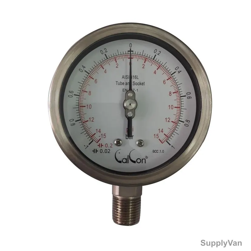 Calcon Pressure Gauge With 1/4 Inch NPTM Adapter, 0 to 25 Bar, 1/2 Inch Bottom Connection