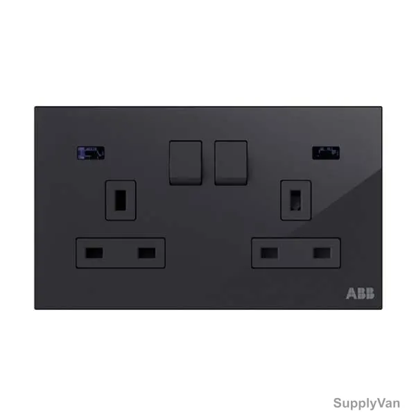 ABB Double Pole Switched Socket With LED, AM240147-BG, Millenium, 2 Gang, 13A, Black Glass — image 1