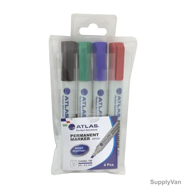 Atlas Permanent Marker, AS-MP200-04C, 3.5-4.2MM Tip Size, Assorted Colors, 4 Pcs/Set